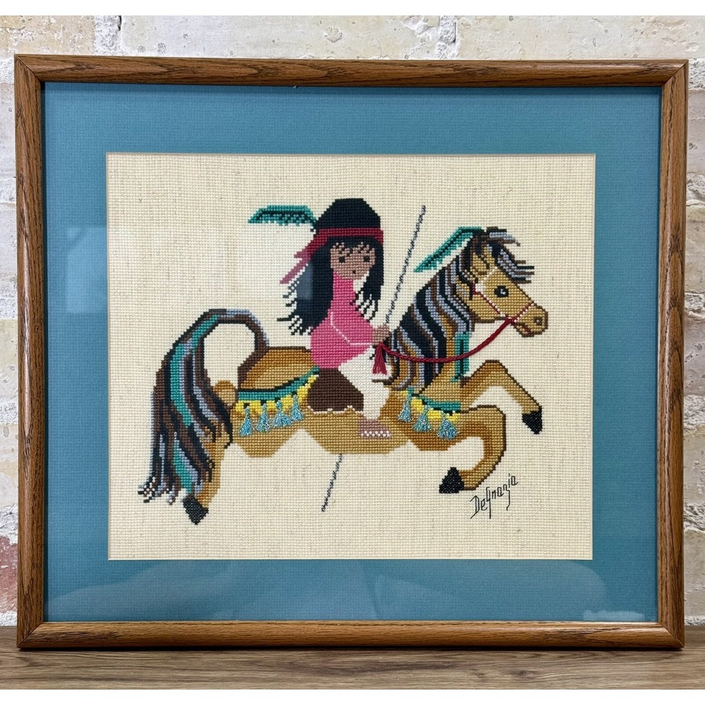 Degrazia Cross Stitch Framed Southwest Art Native Carousel Horse 15x17 Vintage